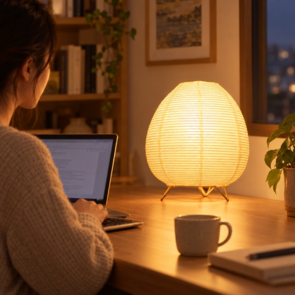Japanese Lantern Led Table Lamp Living Room Bedroom Bedside Rice Paper in use, lifestyle photo