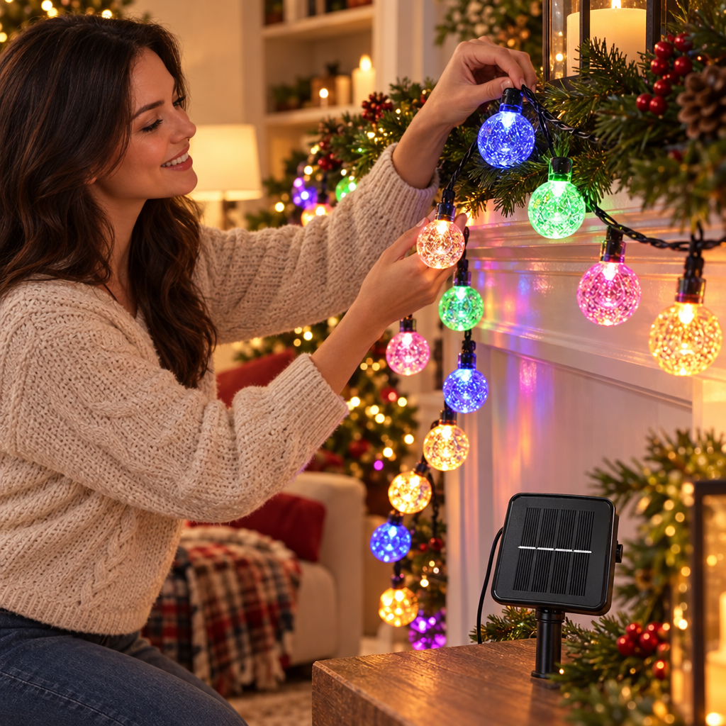 Solar String Lights Outdoor 200 Led Crystal Globe Lights Waterproof So in use, lifestyle photo