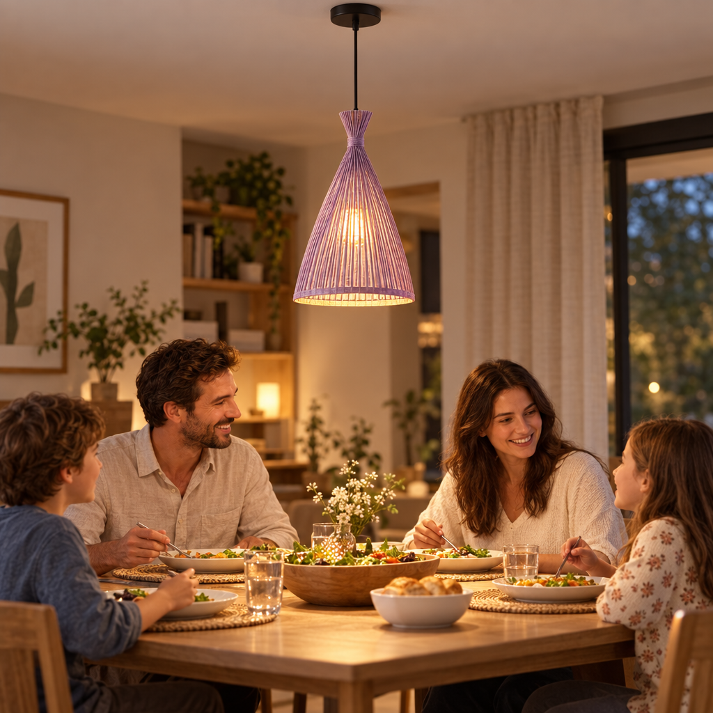 Bamboo Hand Weaving Pendant Lights 38cm Hanging LED Ceiling Lamp Chand in use, lifestyle photo