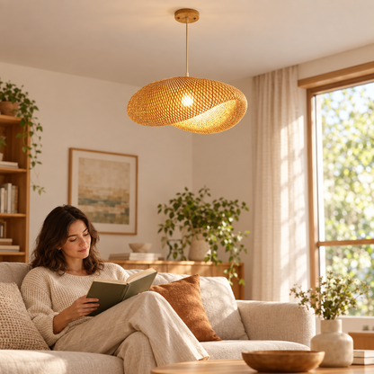Bamboo Hand Weaving Pendant Lights 38cm Hanging LED Ceiling Lamp Chand in use, lifestyle photo