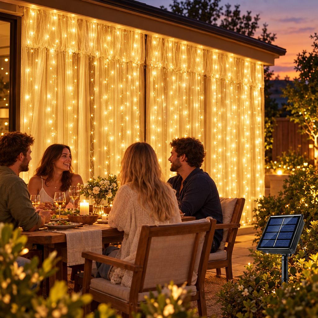 Solar LED Curtain Light Outdoor Garland Solar Fairy String Light Coppe in use, lifestyle photo