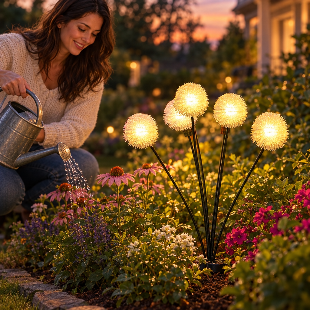 Solar Dandelion Lights in use, lifestyle photo
