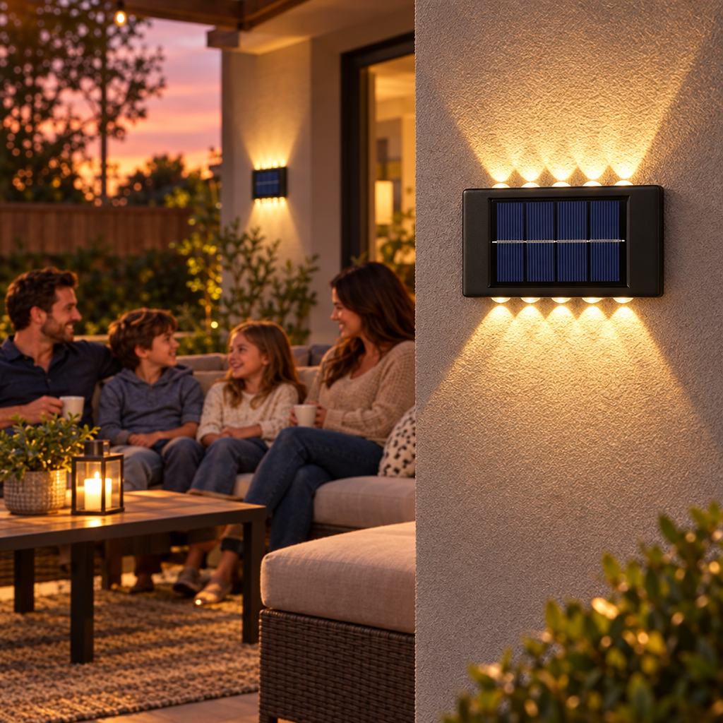 Solar Wall Lamp Outdoor Warm Light Waterproof Up And Down Luminous Lig in use, lifestyle photo