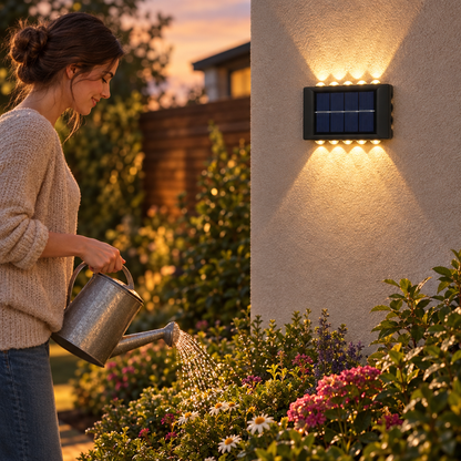 Solar Wall Lamp Outdoor Warm Light Waterproof Up And Down Luminous Lig in use, lifestyle photo