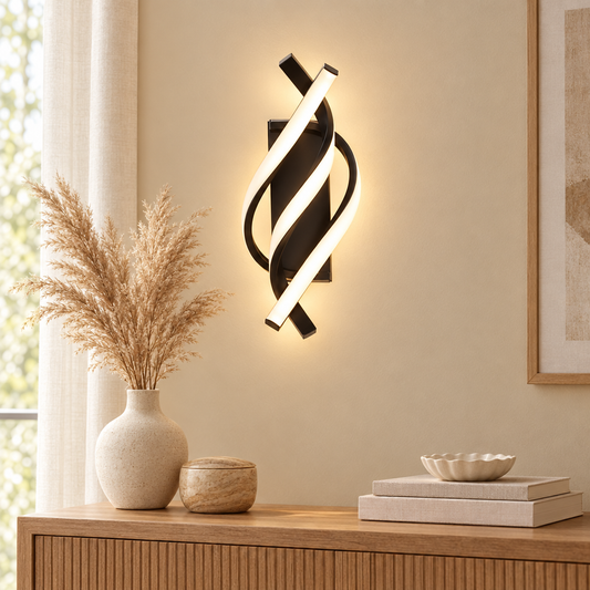 Curved Spiral Design LED Wall Lamp styled in a home setting