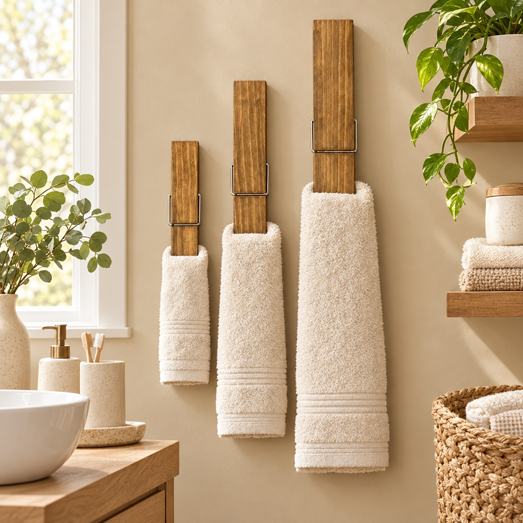 Clothespin Bathroom Towel Holder Wooden Giant Towel Clip Wall Mounted styled in a home setting