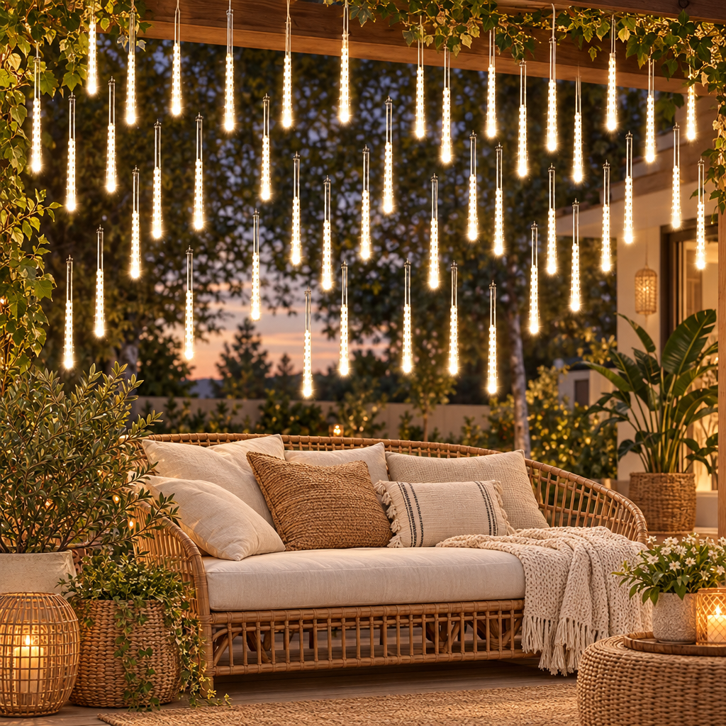 Solar Meteor Shower Lights Outdoor Meteor Lights 10Tubes Waterproof LE styled in a home setting