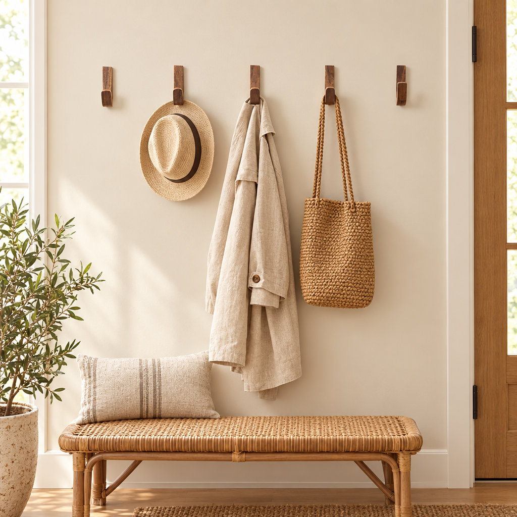 Rustic Wooden Wall Hooks Handmade Decorative Coat and Hat Hangers Idea styled in a home setting