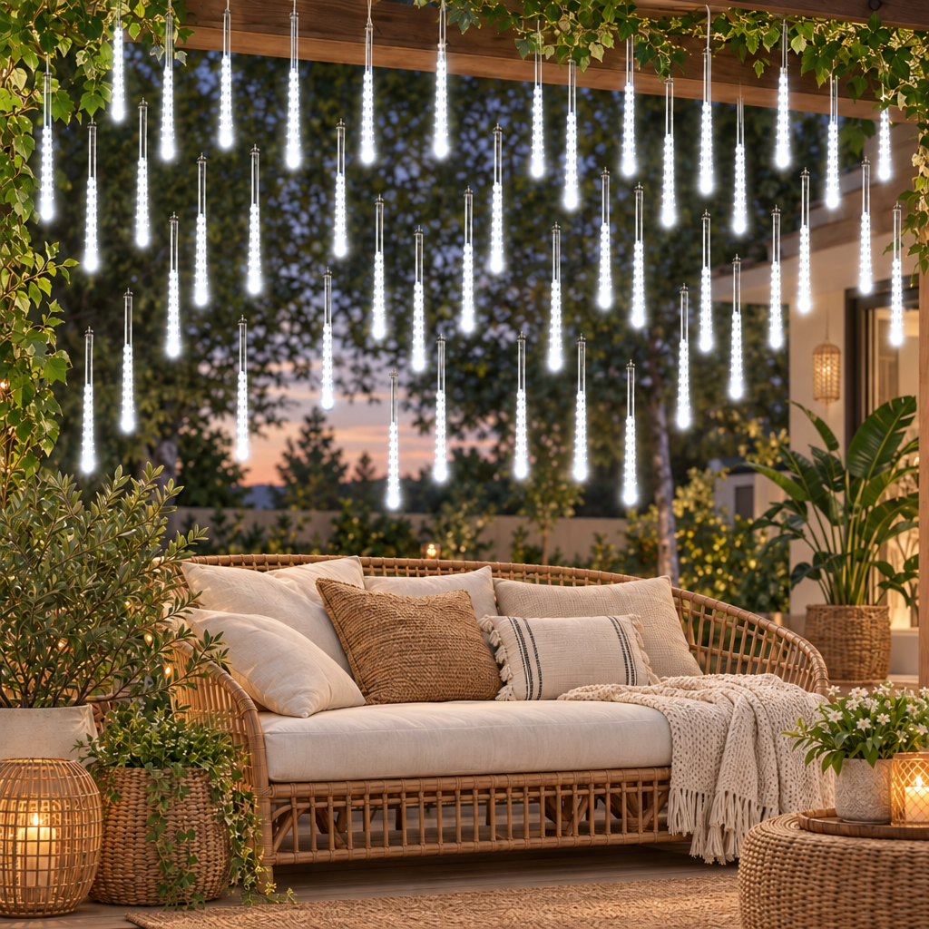 Solar Meteor Shower Lights Outdoor Meteor Lights 10Tubes Waterproof LE in white