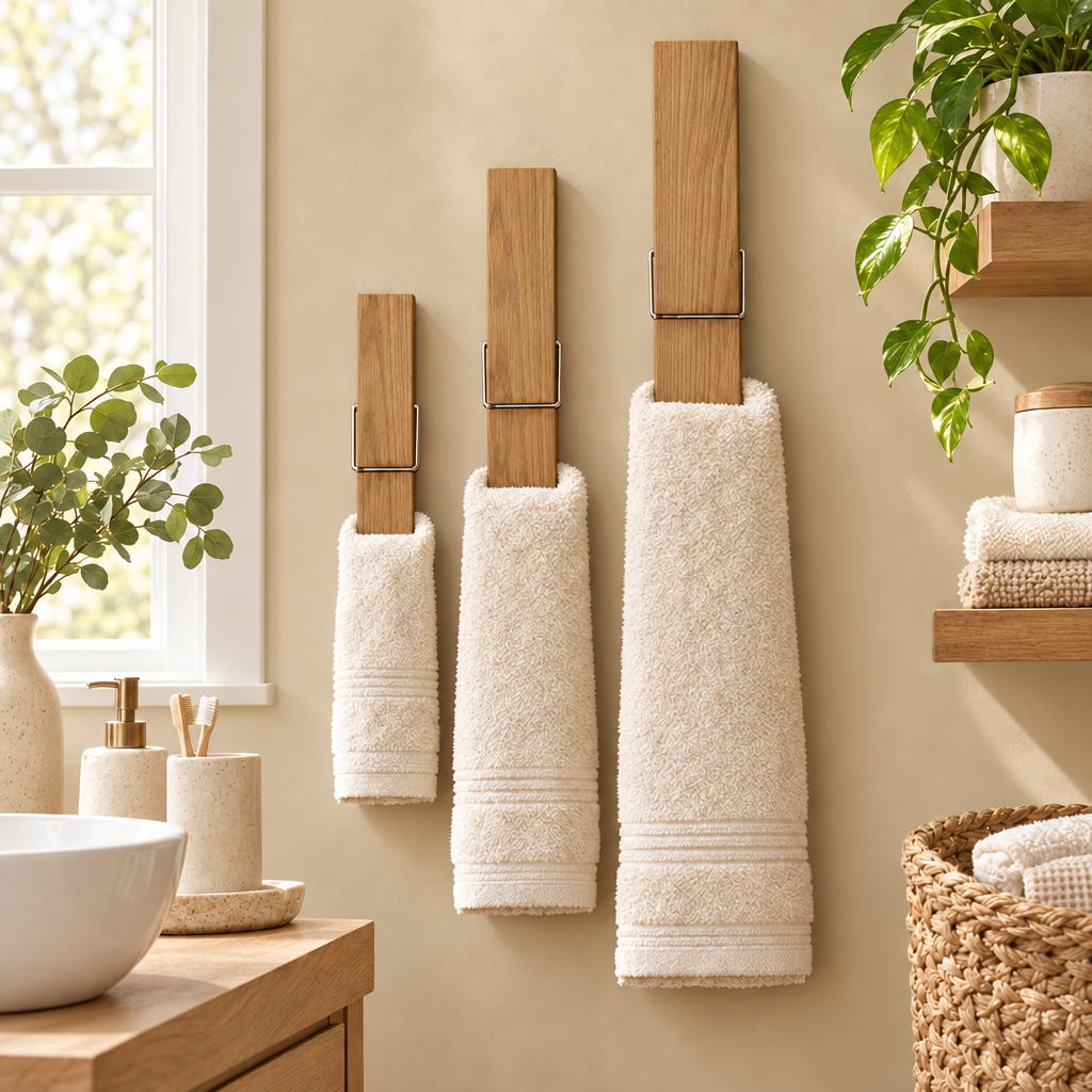 Clothespin Bathroom Towel Holder Wooden Giant Towel Clip Wall Mounted in natural wood
