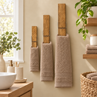 Clothespin Bathroom Towel Holder Wooden Giant Towel Clip Wall Mounted in light brown