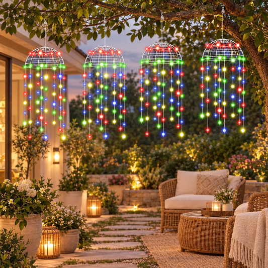 2/4Pcs Outdoor Solar LED Hanging Jellyfish Lights styled in a home setting