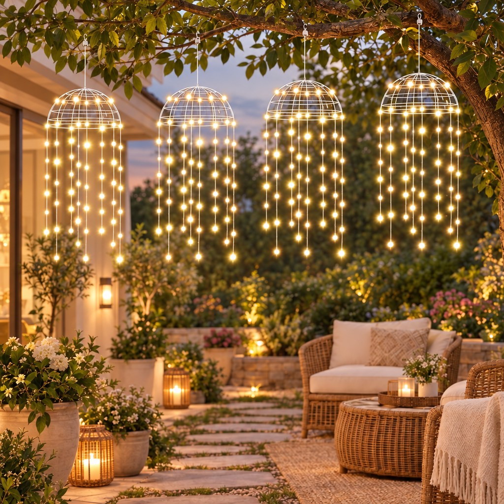 2/4Pcs Outdoor Solar LED Hanging Jellyfish Lights in warm white