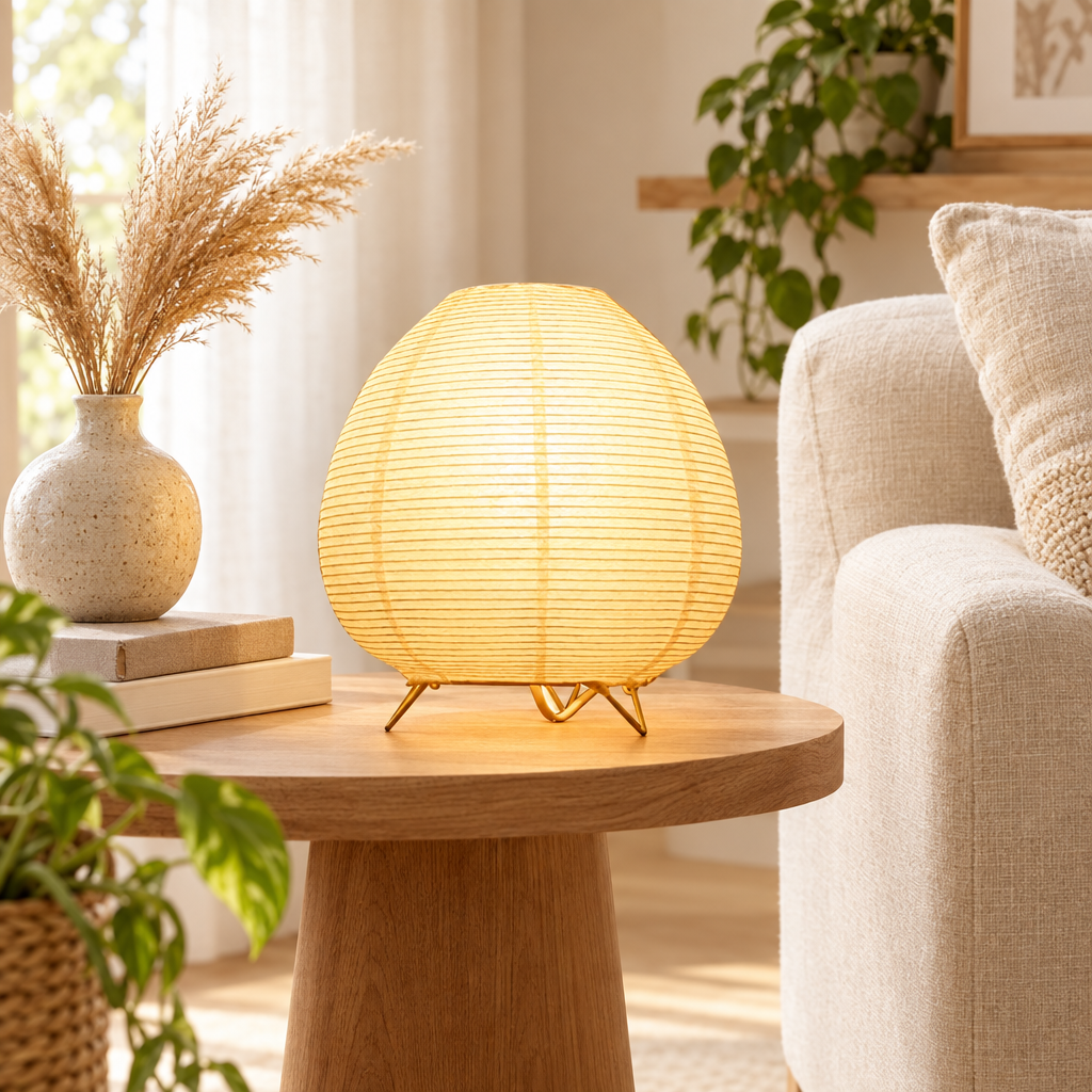 Japanese Lantern Led Table Lamp Living Room Bedroom Bedside Rice Paper styled in a home setting