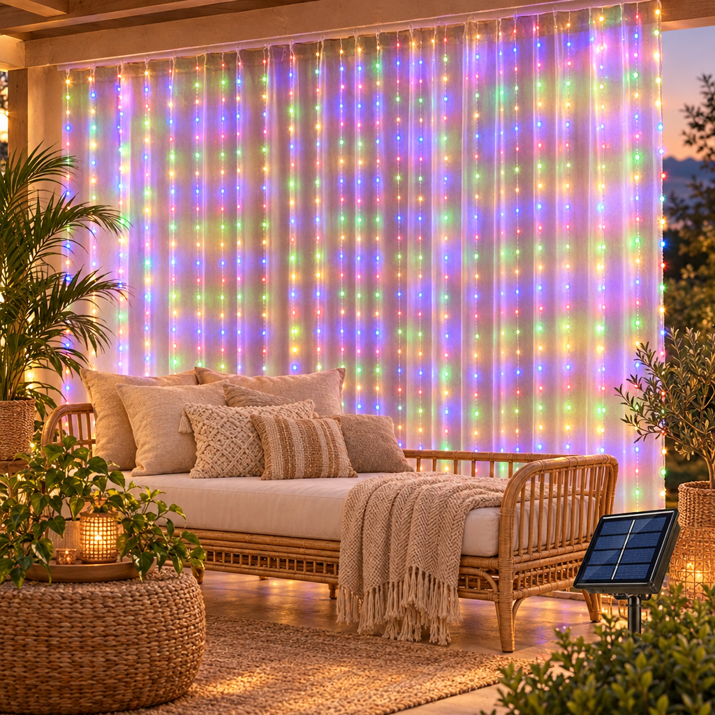 Solar LED Curtain Light Outdoor Garland Solar Fairy String Light Coppe styled in a home setting