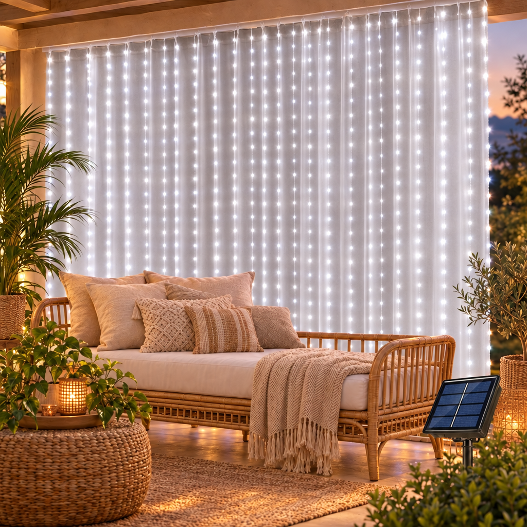 Solar LED Curtain Light Outdoor Garland Solar Fairy String Light Coppe in white