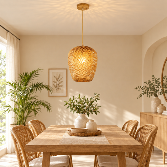 Bamboo Hand Weaving Pendant Lights 38cm Hanging LED Ceiling Lamp Chand styled in a home setting