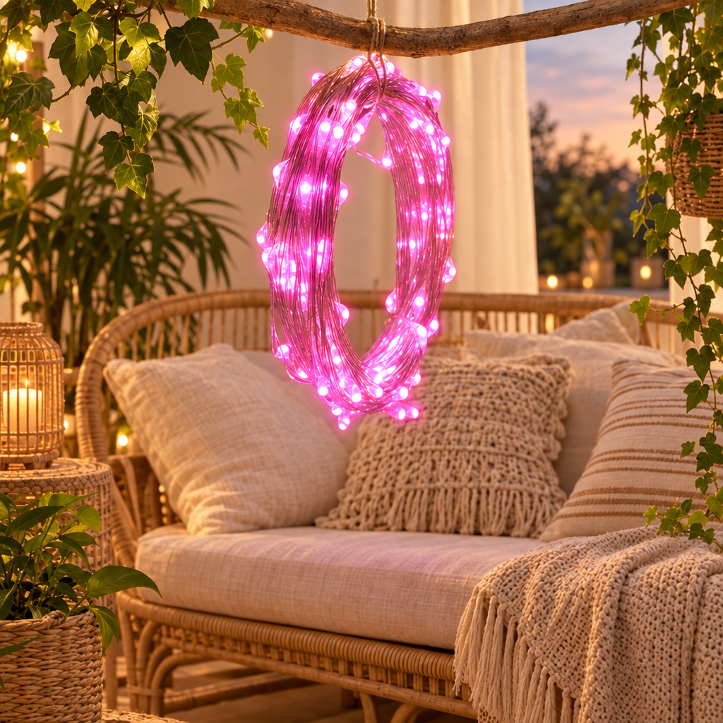 LED Fairy Lights String Button Battery Light Home Decoration Living Be in pink