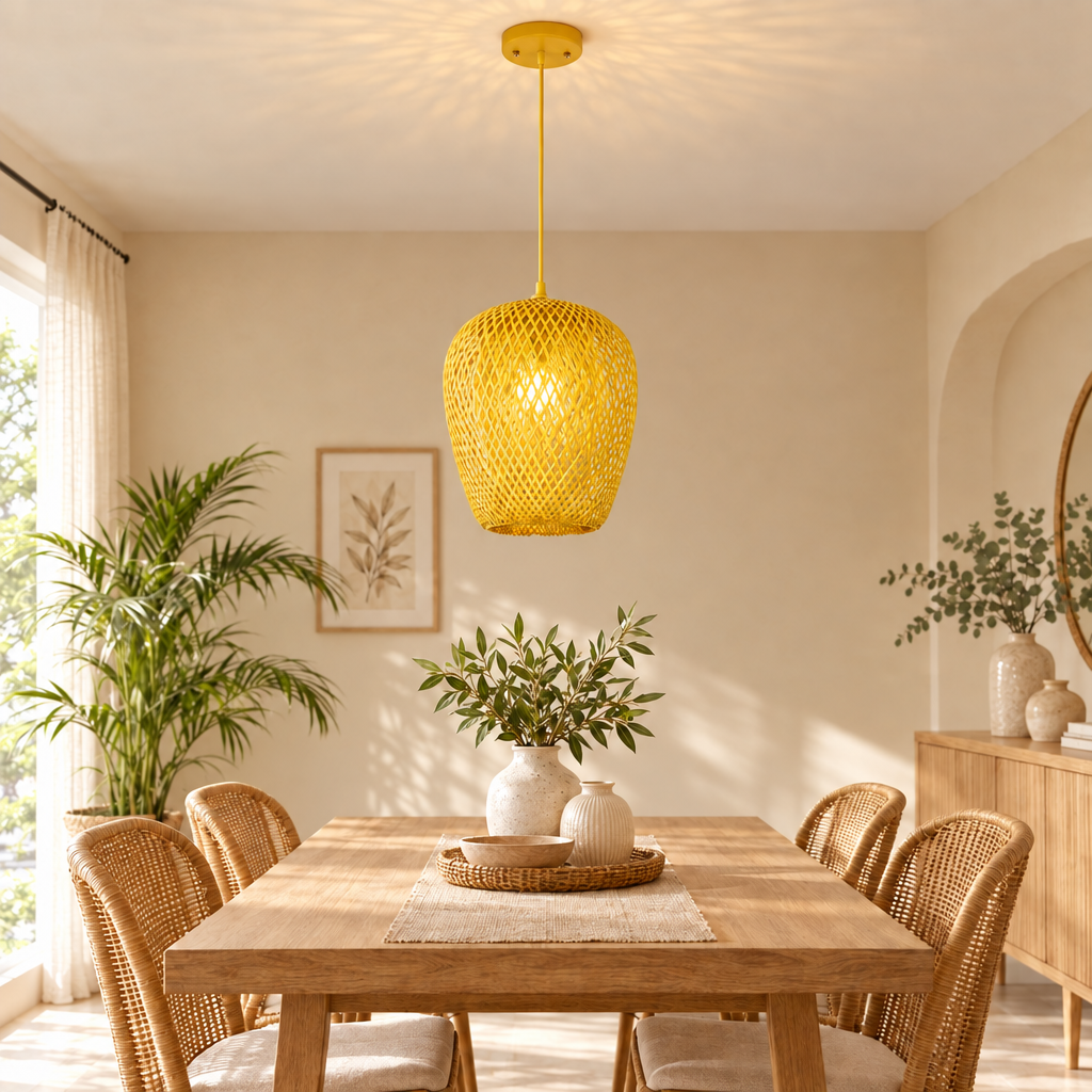 Bamboo Hand Weaving Pendant Lights 38cm Hanging LED Ceiling Lamp Chand in yellow