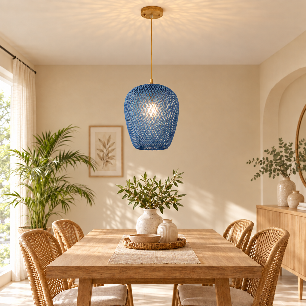 Bamboo Hand Weaving Pendant Lights 38cm Hanging LED Ceiling Lamp Chand in blue