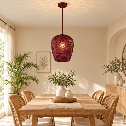 Bamboo Hand Weaving Pendant Lights 38cm Hanging LED Ceiling Lamp Chand in burgundy