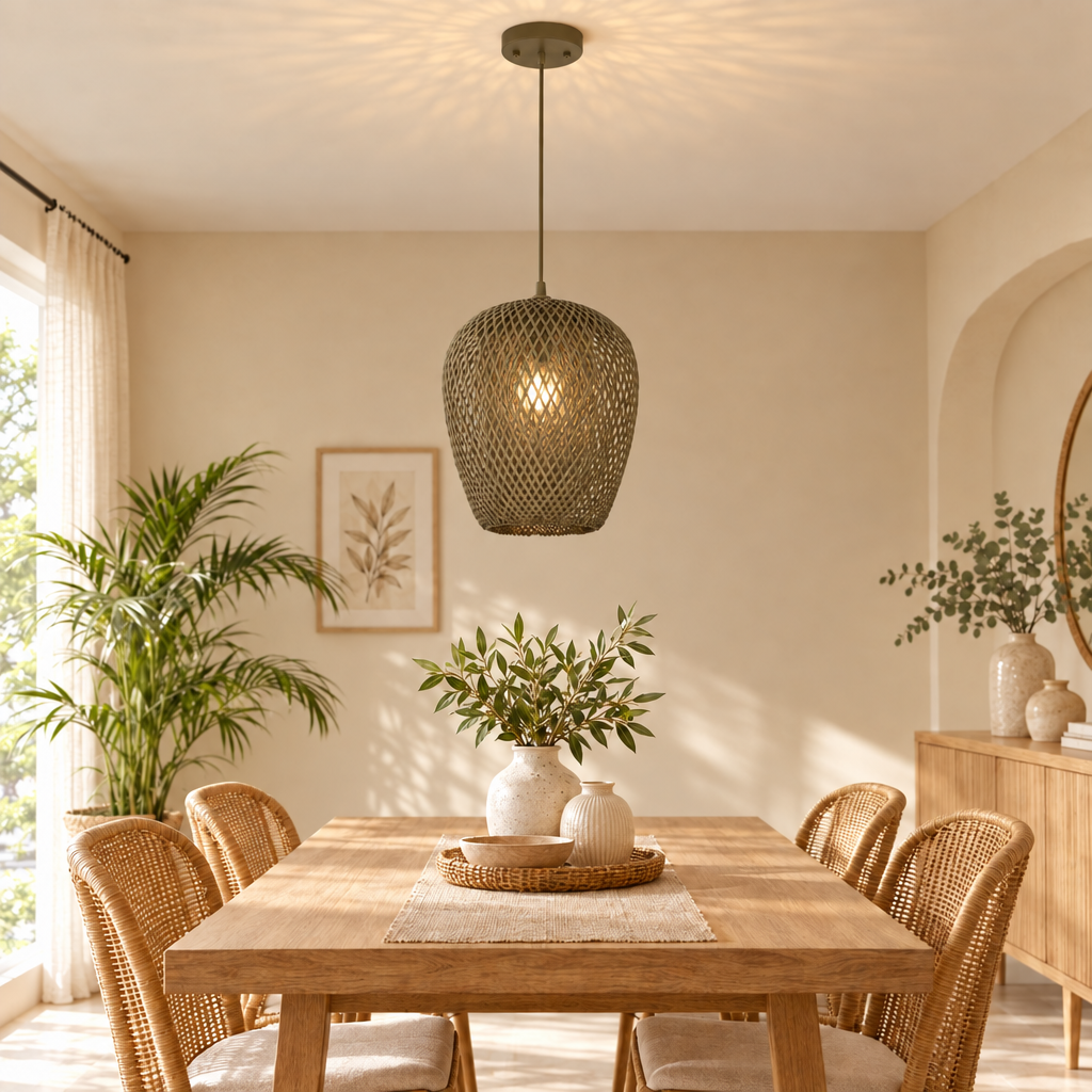 Bamboo Hand Weaving Pendant Lights 38cm Hanging LED Ceiling Lamp Chand in dark khaki