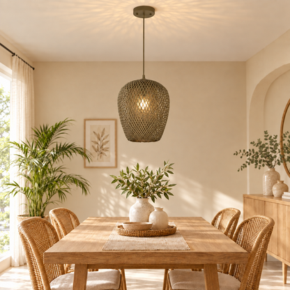 Bamboo Hand Weaving Pendant Lights 38cm Hanging LED Ceiling Lamp Chand in dark khaki