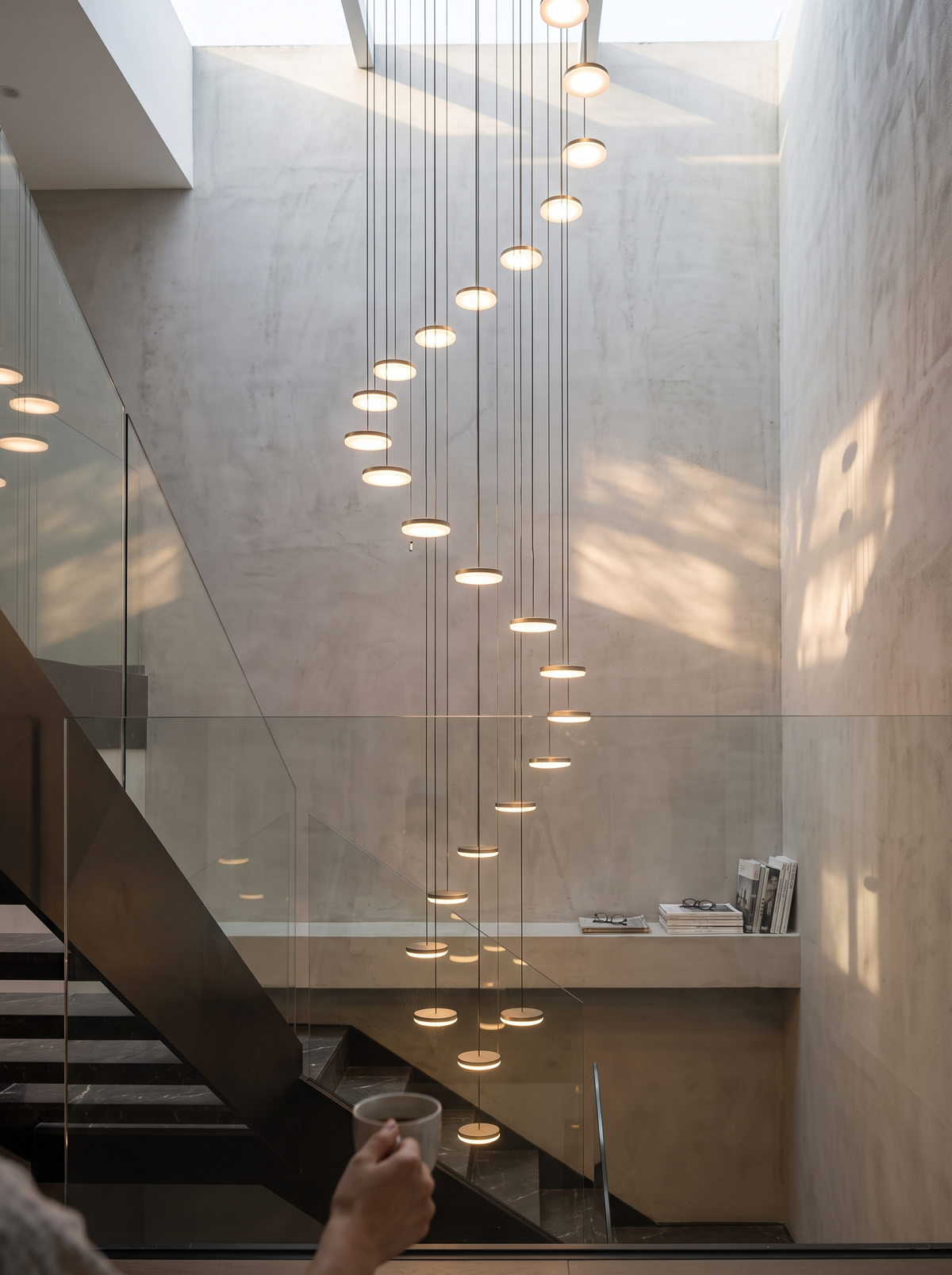 Minimalist Multi-Head LED Staircase Chandelier in a lifestyle setting: Designed for Double Height Spaces