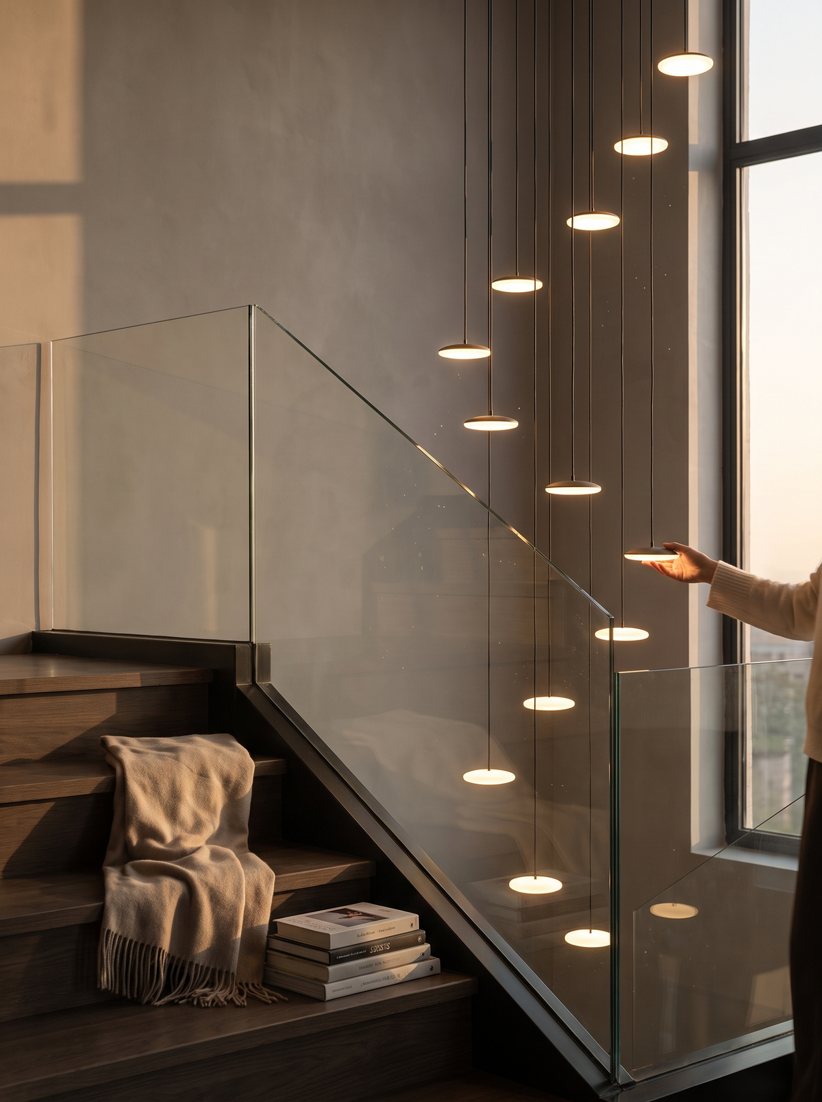 Minimalist Multi-Head LED Staircase Chandelier in a lifestyle setting: A Cascade of Light