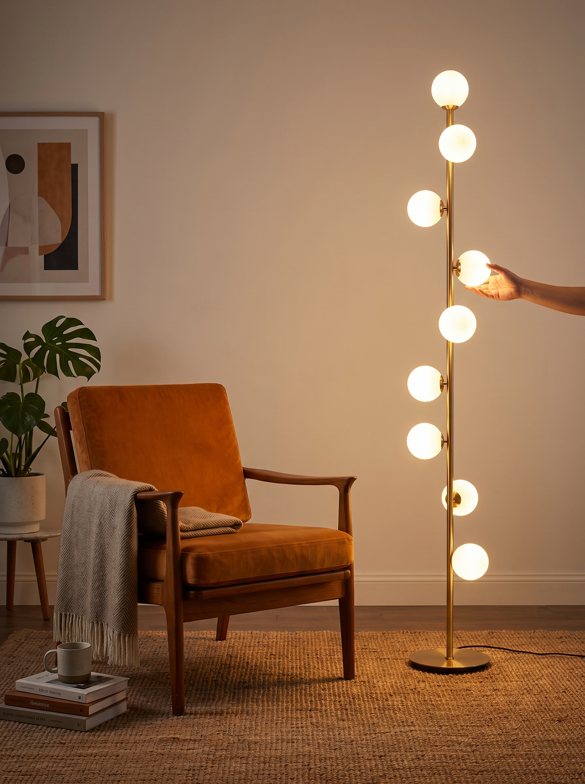 Magic Bean Glass Ball 9-Head Floor Lamp in a lifestyle setting: Mid Century Magic