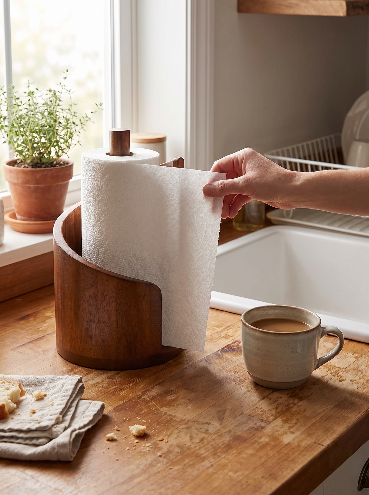 Spiral Wave Wooden Paper Towel Holder in a lifestyle setting: Grab a Sheet in One Motion
