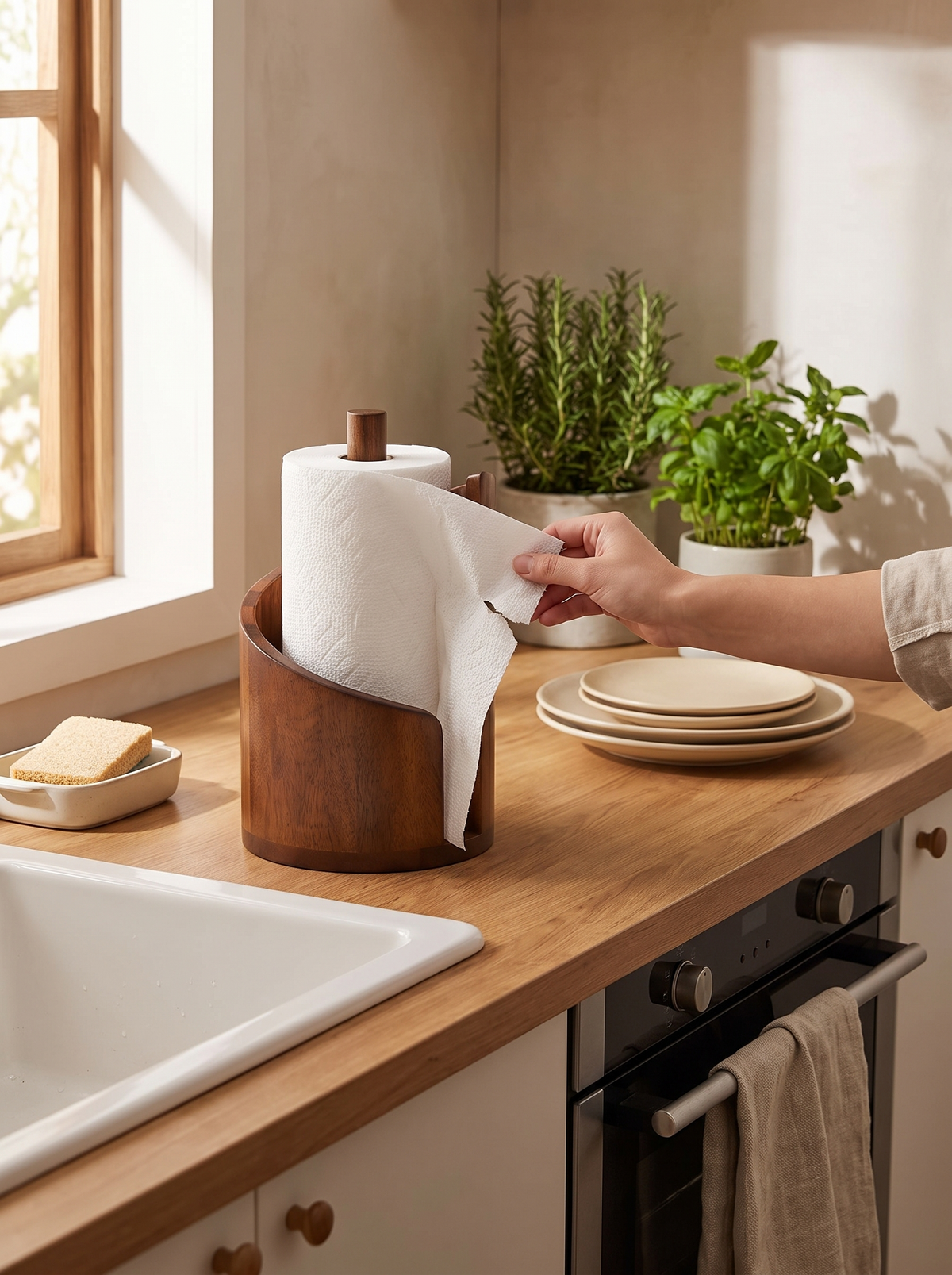 Spiral Wave Wooden Paper Towel Holder in a lifestyle setting: Made for Kitchens and Beyond