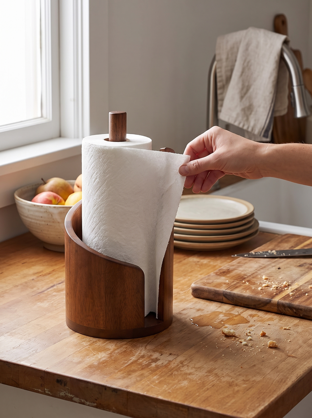 Spiral Wave Wooden Paper Towel Holder in a lifestyle setting: Everyday Chores, Elevated