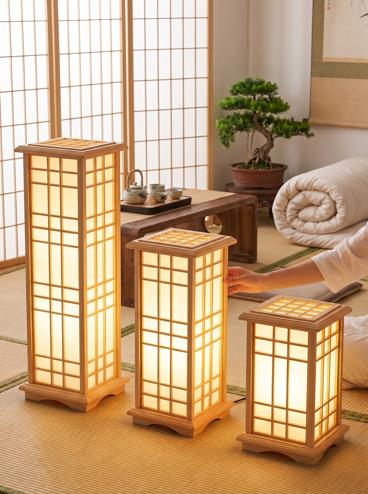 Japanese Tatami Wooden Floor Lamp in a lifestyle setting: The Calm of Japanese Design