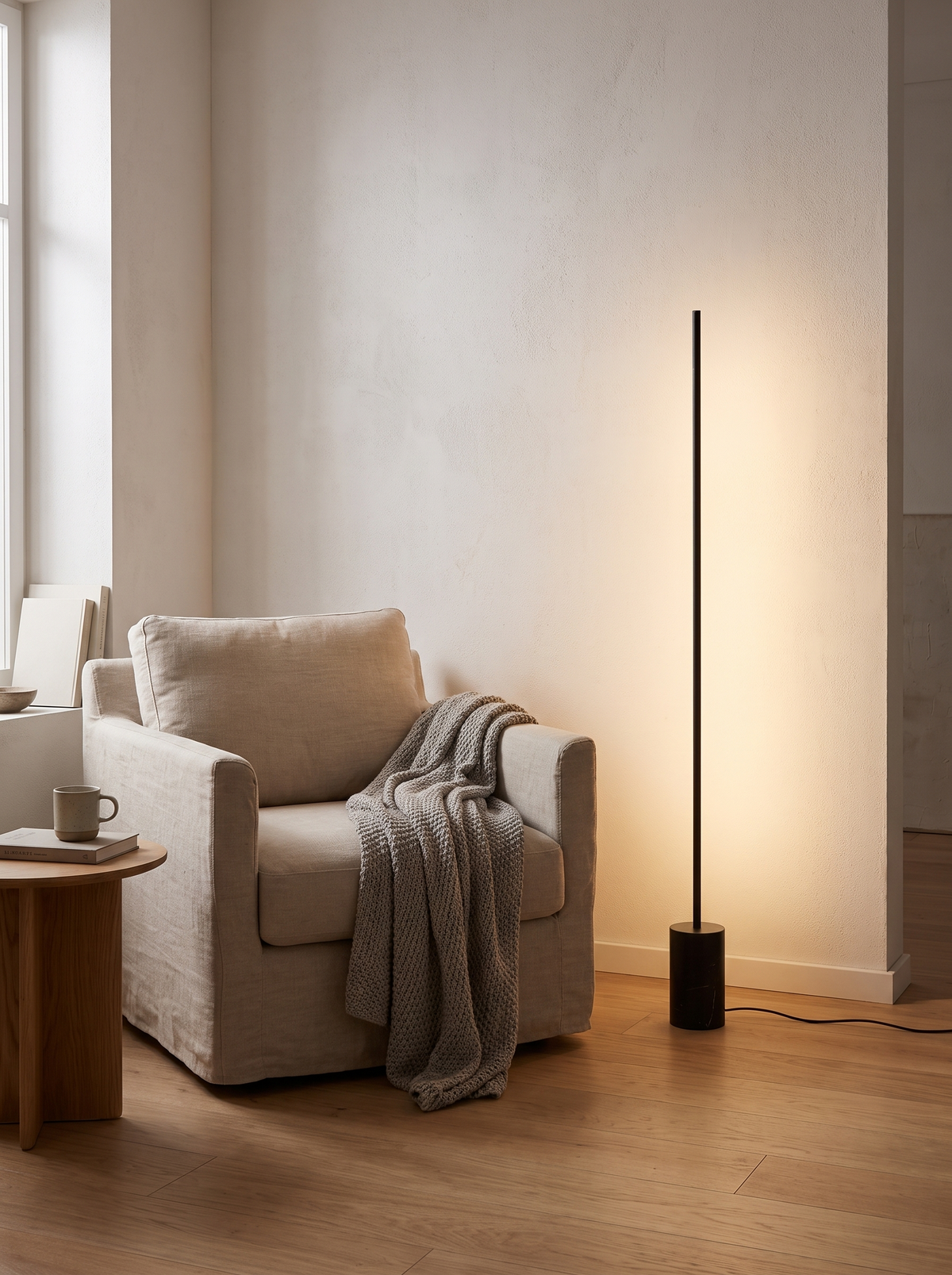 Minimalist Black LED Corner Floor Lamp in a lifestyle setting: Minimal by Design