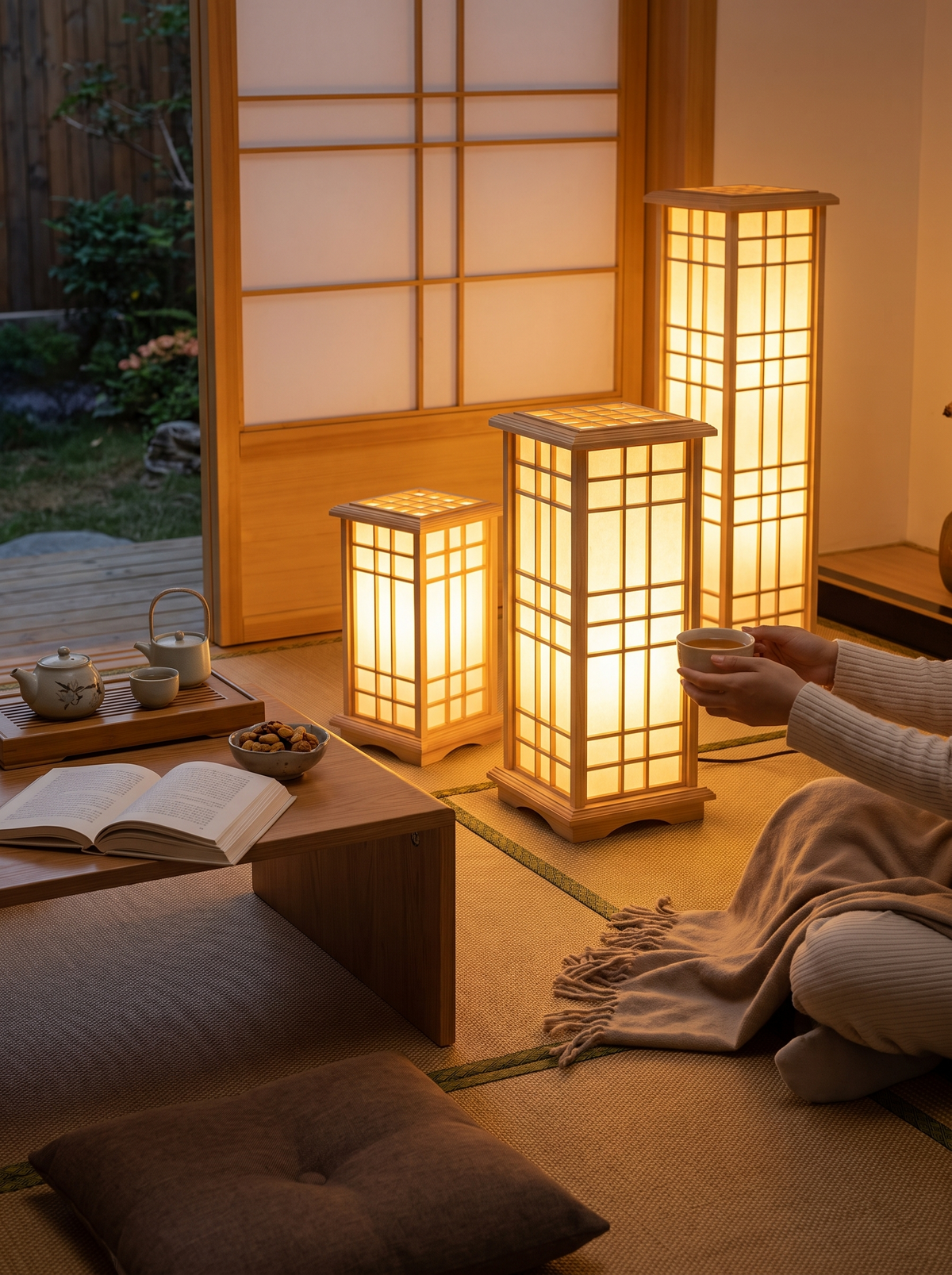 Japanese Tatami Wooden Floor Lamp in a lifestyle setting: Warm Light, Slow Evenings