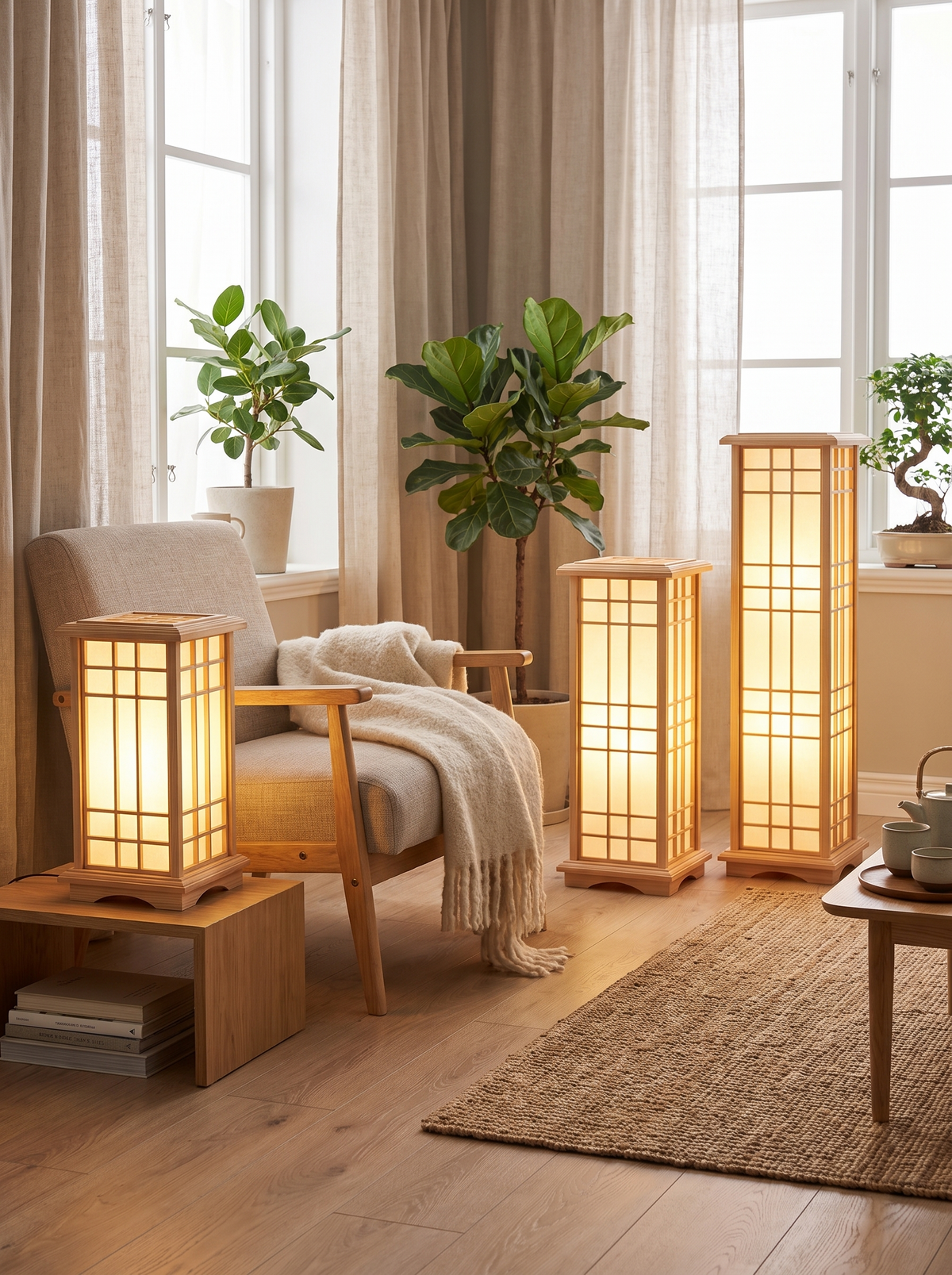 Japanese Tatami Wooden Floor Lamp in a lifestyle setting: Perfect for Japandi Spaces