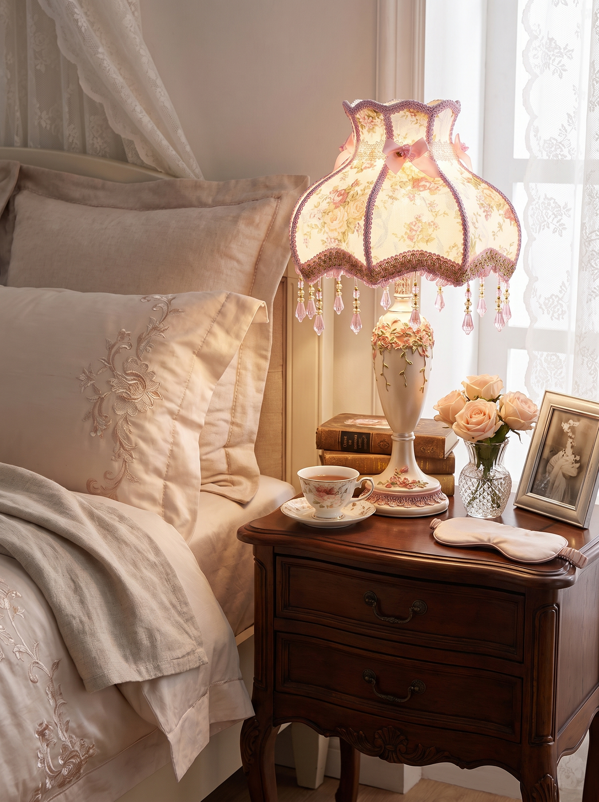 European Fabric Bedside Table Lamp in a lifestyle setting: Romance on Your Nightstand
