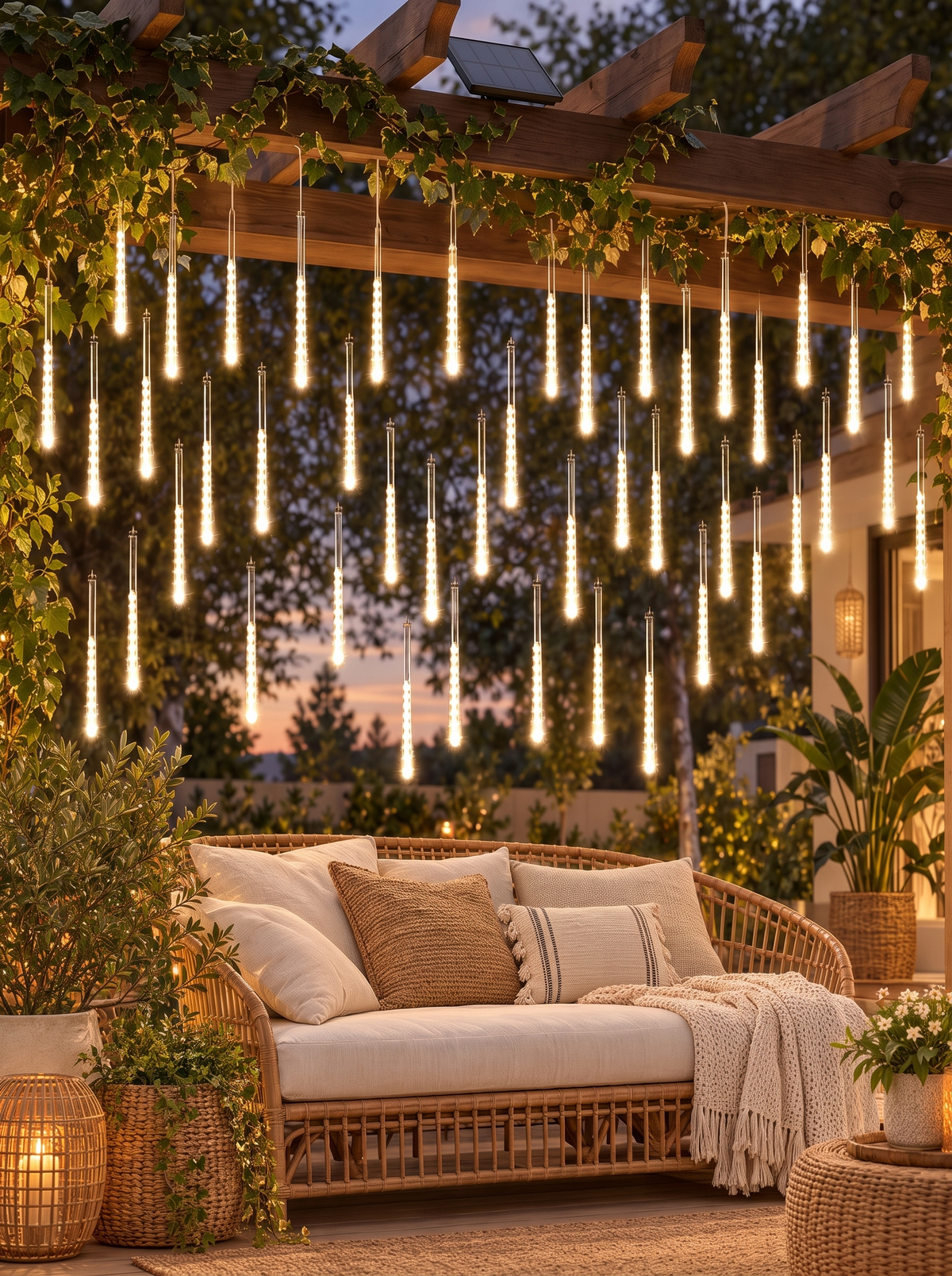 Solar Meteor Shower String Lights in a lifestyle setting: Shooting Stars in Your Garden