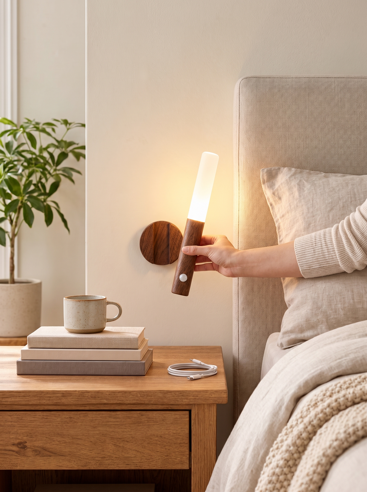 Magnetic Motion Sensor LED Night Light in a lifestyle setting: Rechargeable and Cord Free