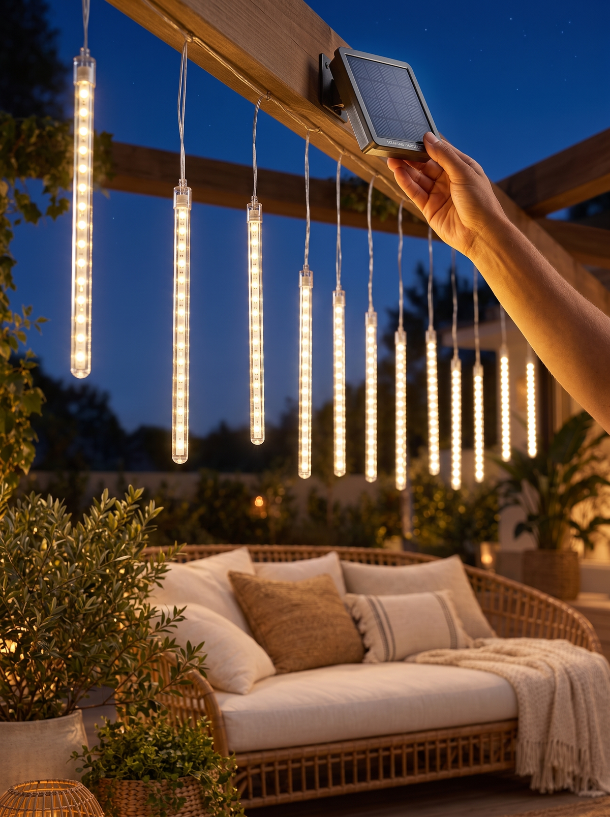 Solar Meteor Shower String Lights in a lifestyle setting: Powered by the Sun