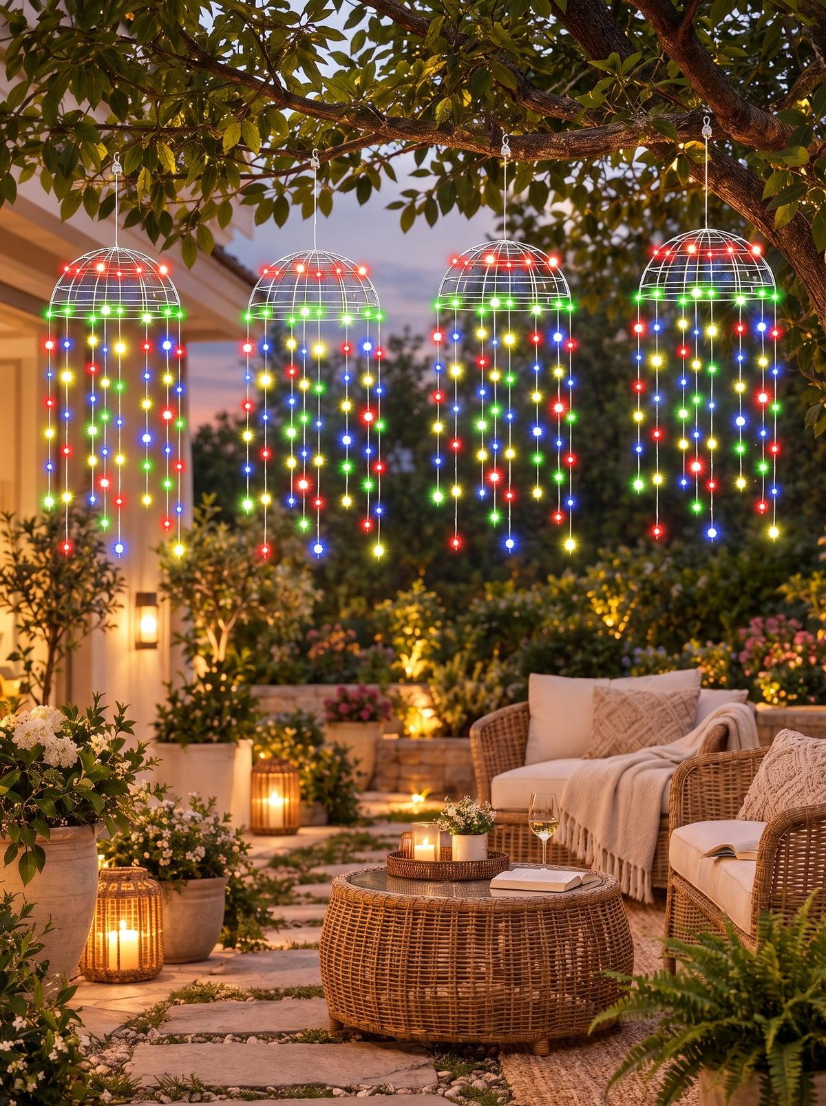 Solar Hanging Jellyfish Lights in a lifestyle setting: An Underwater Dream in Your Garden