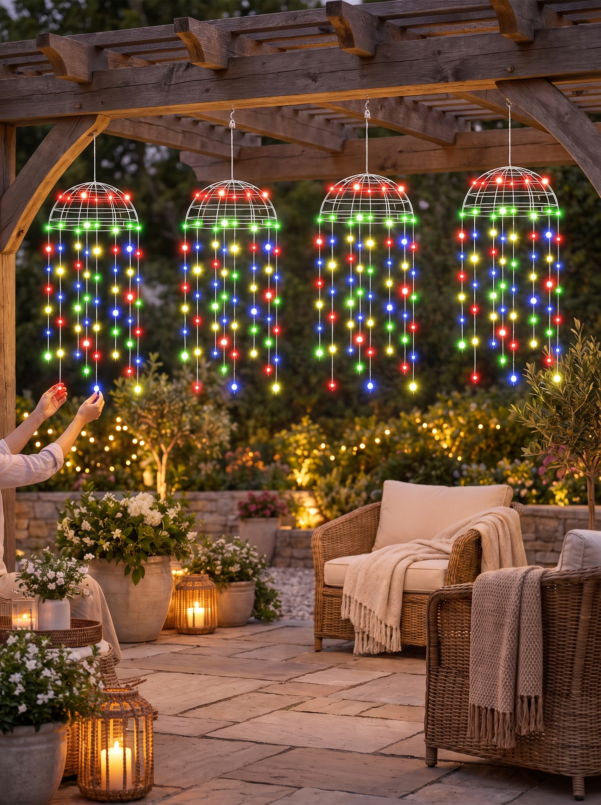 Solar Hanging Jellyfish Lights in a lifestyle setting: Magic for Patios and Porches