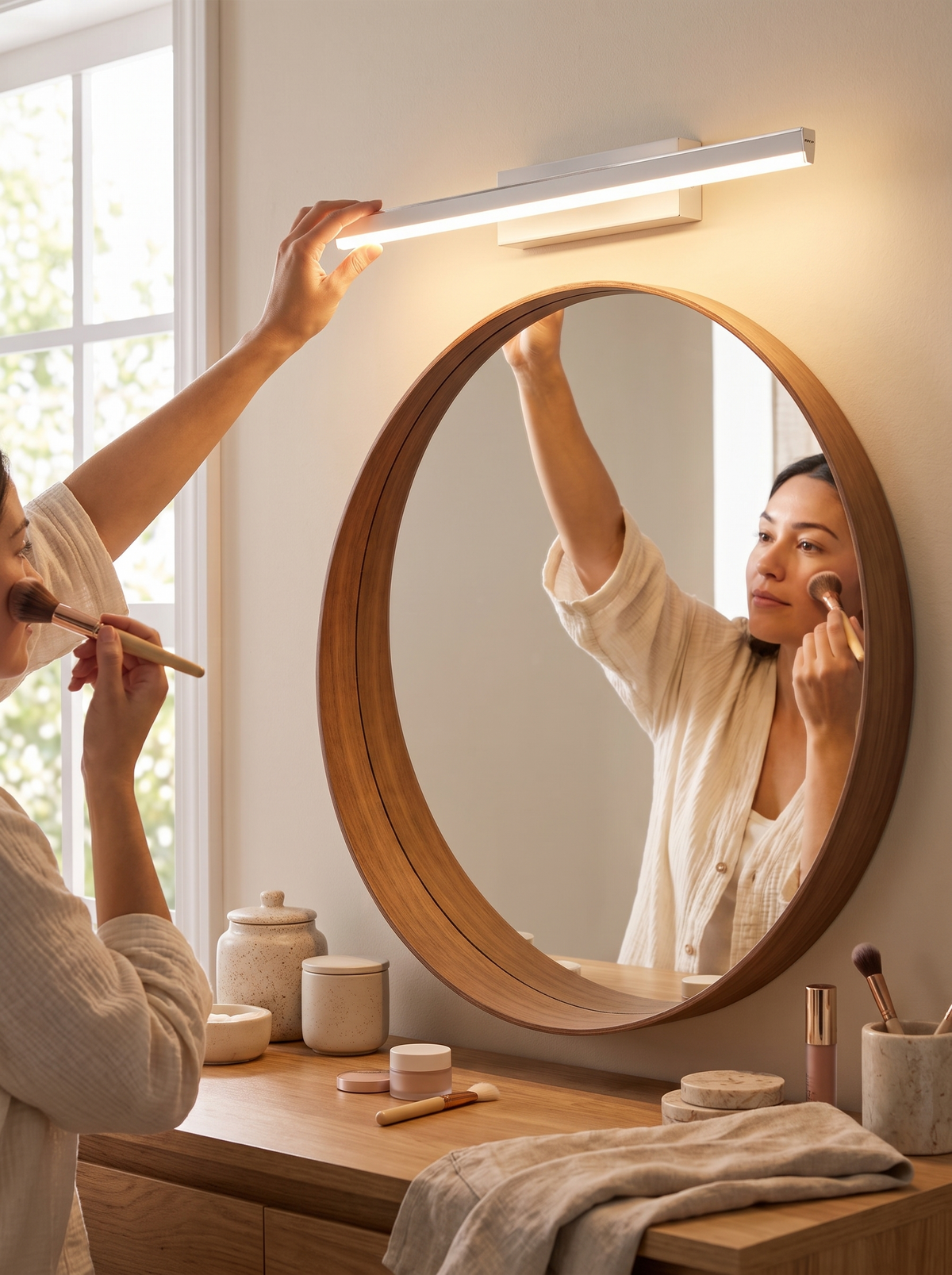 Rotatable LED Mirror Wall Light in a lifestyle setting: Rotate to Get It Right