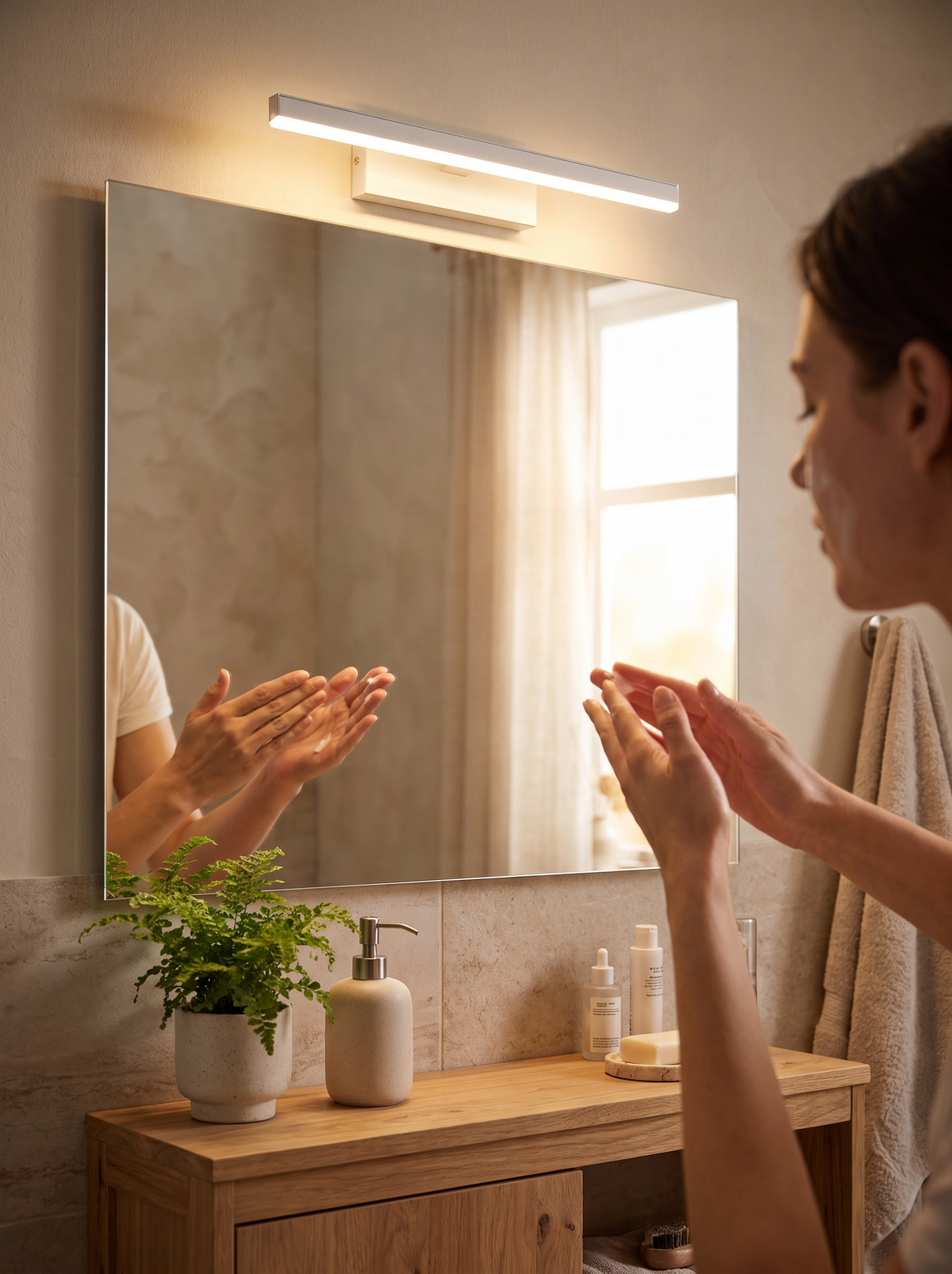 Rotatable LED Mirror Wall Light in a lifestyle setting: Better Light at the Mirror