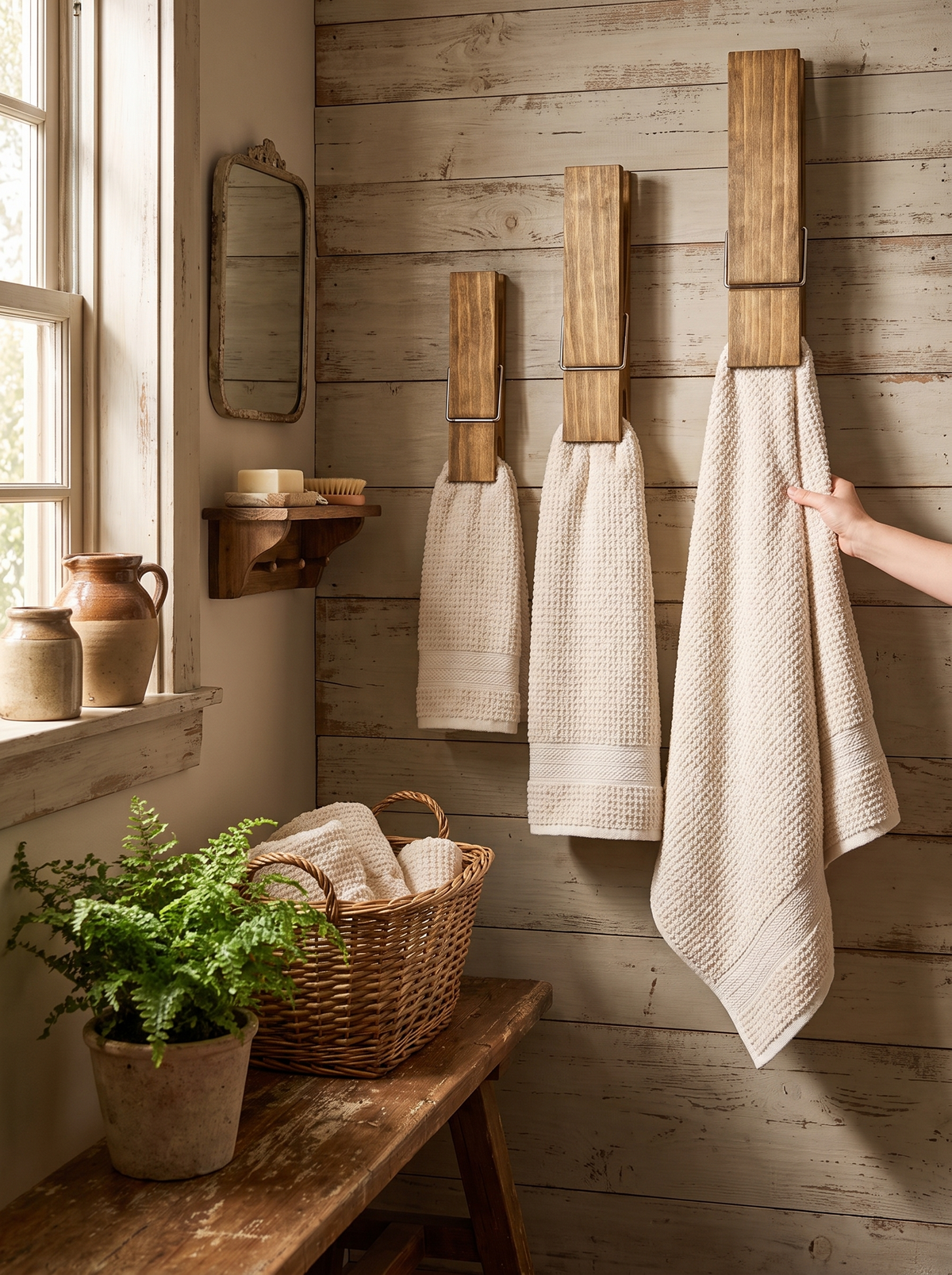 Giant Wooden Clothespin Towel Holder in a lifestyle setting: Farmhouse Charm on Your Wall