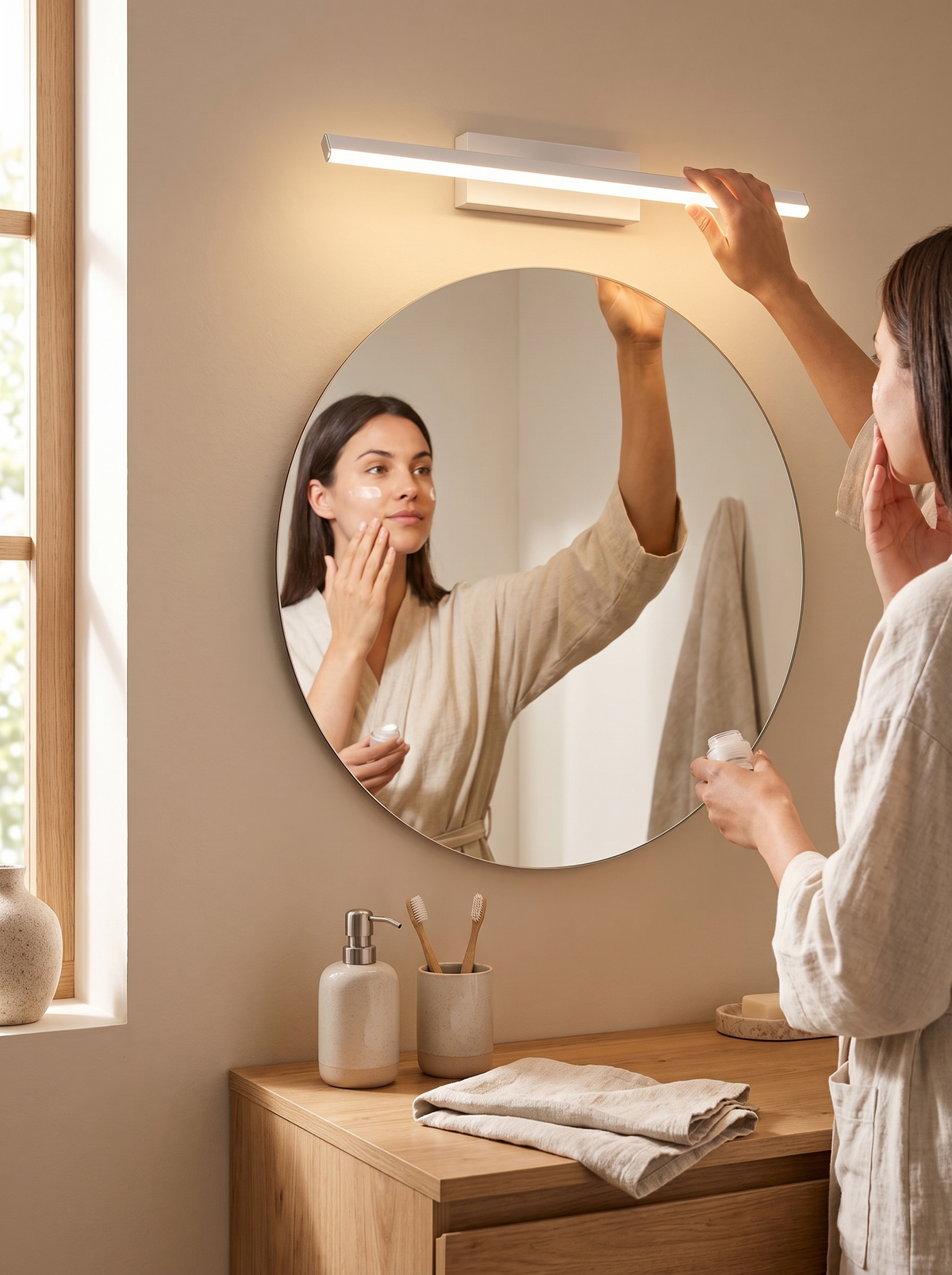 Rotatable LED Mirror Wall Light in a lifestyle setting: Sleek, Slim, Modern