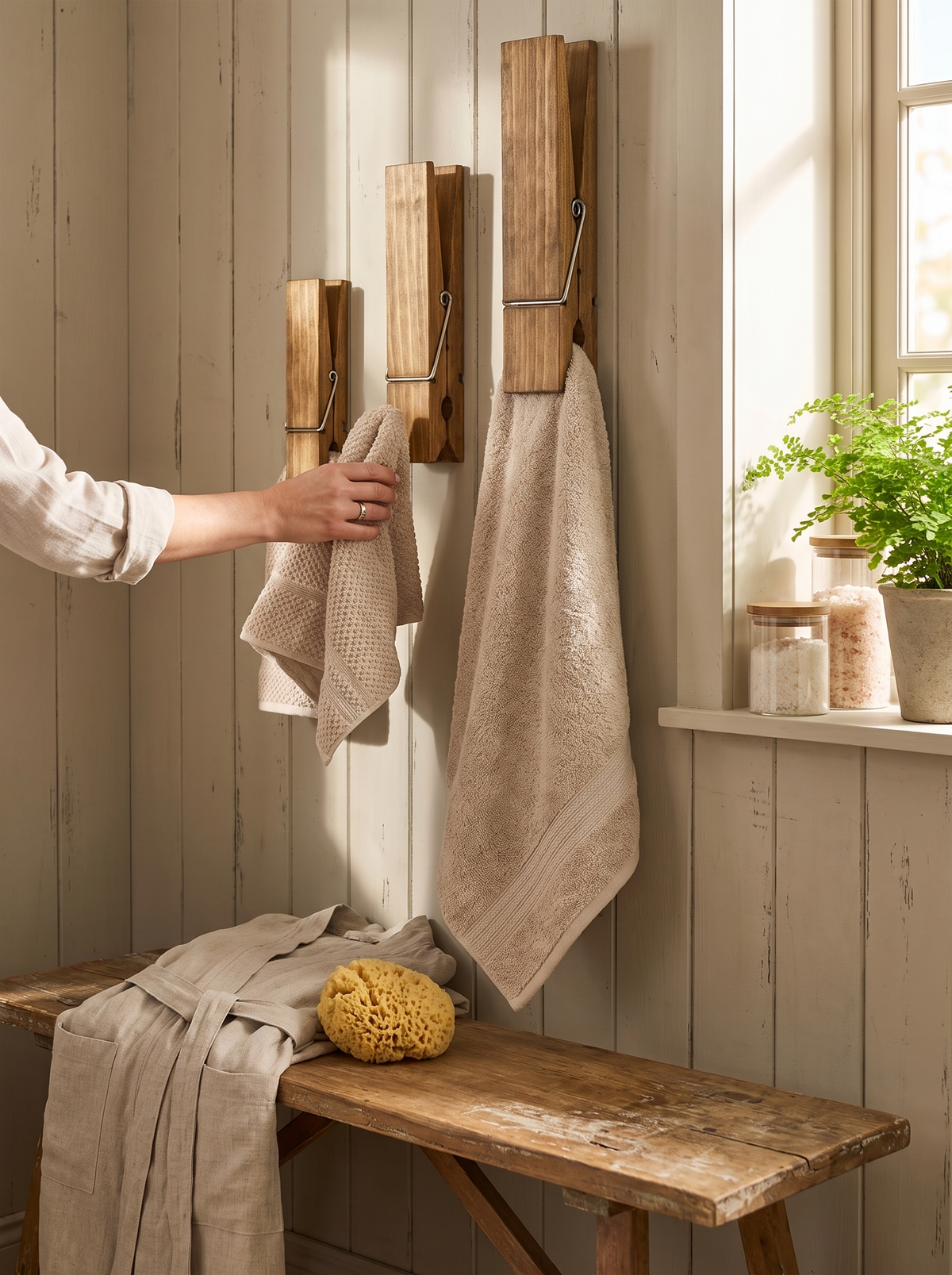 Giant Wooden Clothespin Towel Holder in a lifestyle setting: A Classic Peg, Supersized