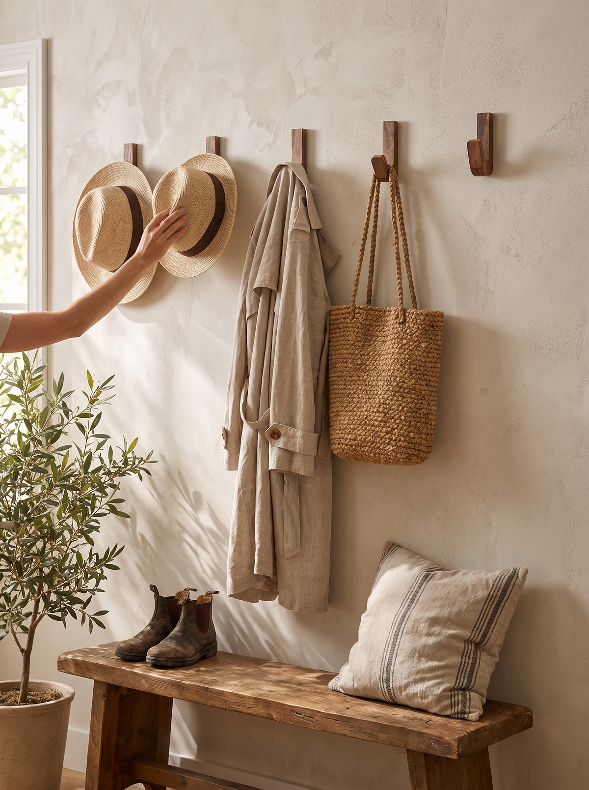 Rustic Handmade Wooden Wall Hooks in a lifestyle setting: Handmade Character