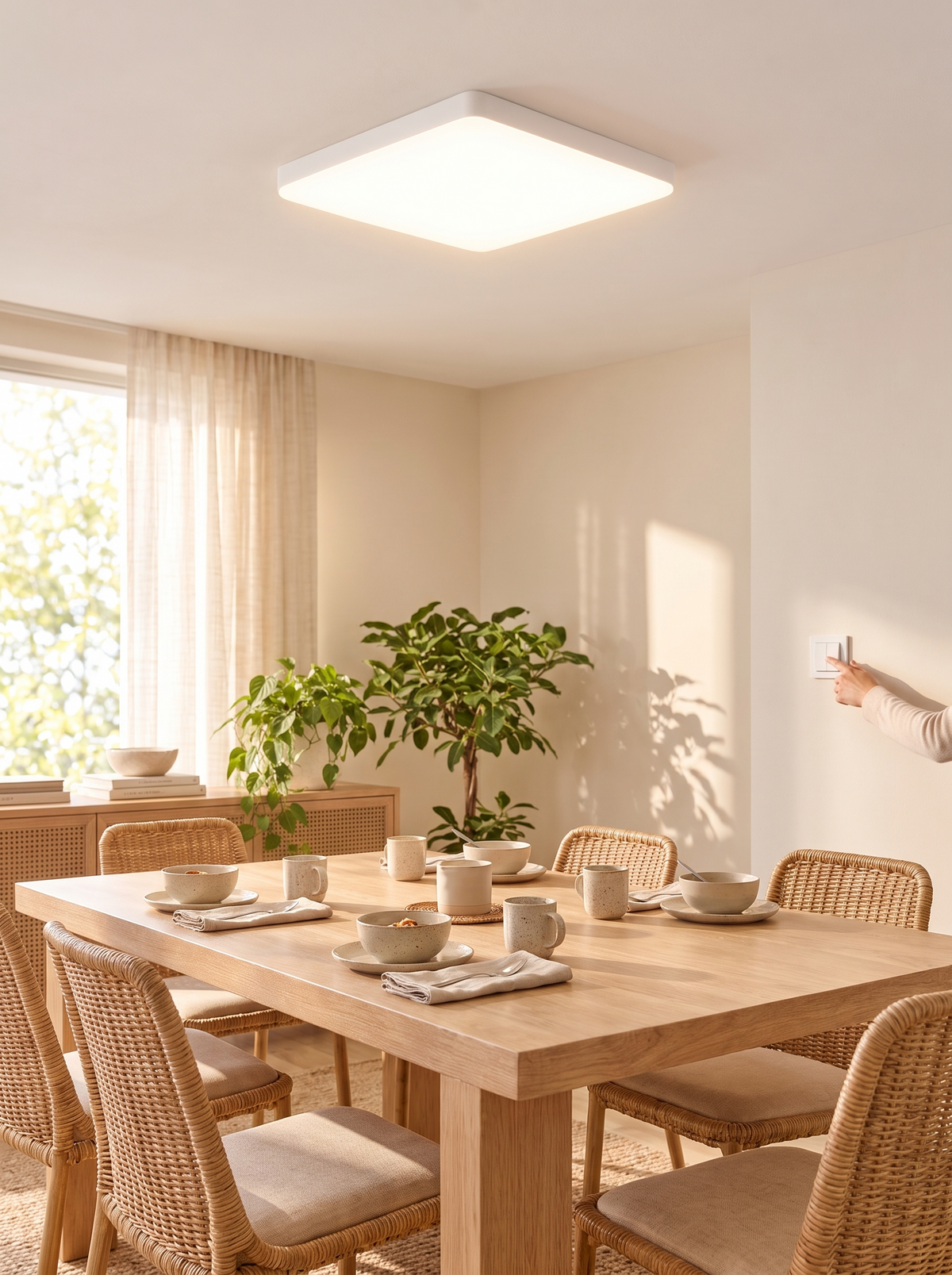 Square Ultra-Thin LED Ceiling Light in a lifestyle setting: Bright, Modern Light